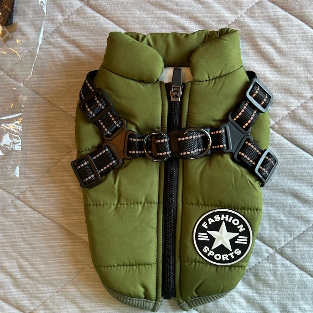 Small dog Green Vest with adjustable harness attached